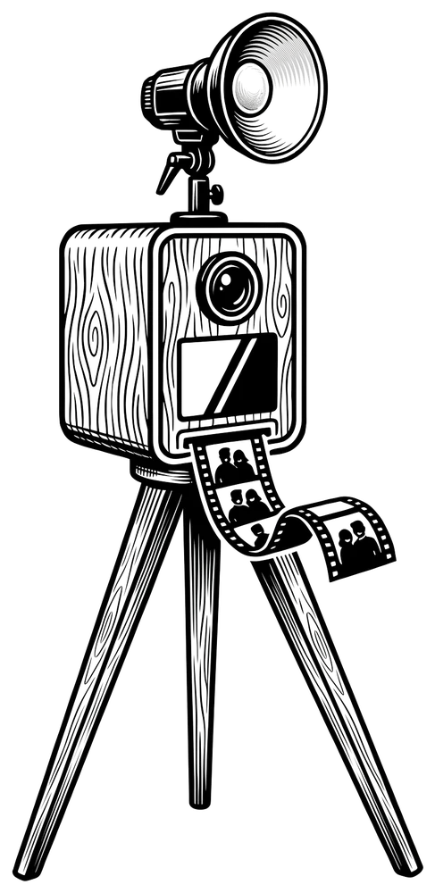 Illustration du logo MH Photobooth : une borne photo vintage en bois sur trépied avec flash studio et bandelette photo
